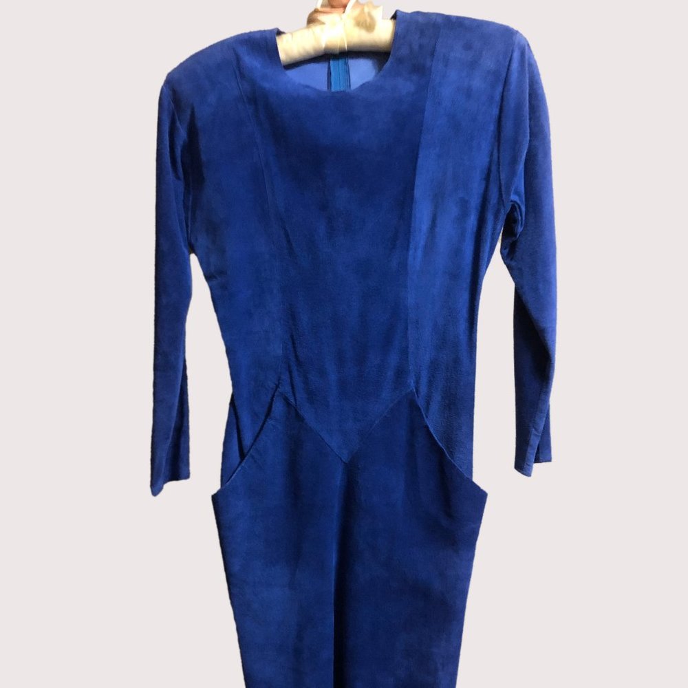 Vintage 80s Firenze Santa Barbara Blue Suede Leather Dress - Small